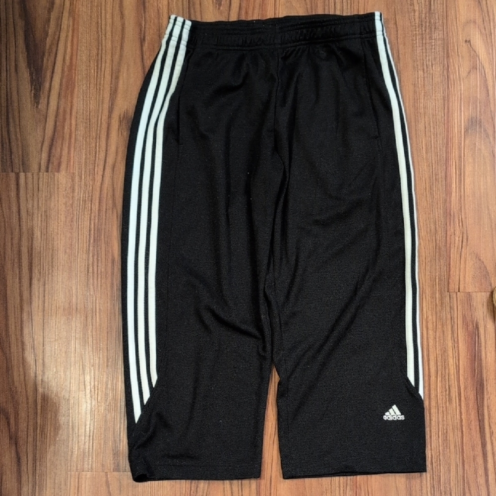 Adidas Women Black and White Athletic Cropped Pants with Signature Stripes